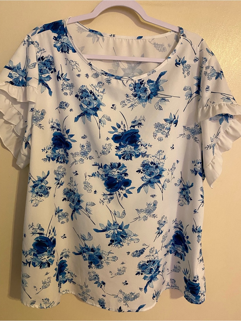 SHEIN White Top with Blue Floral Print and Ruffle Sleeves